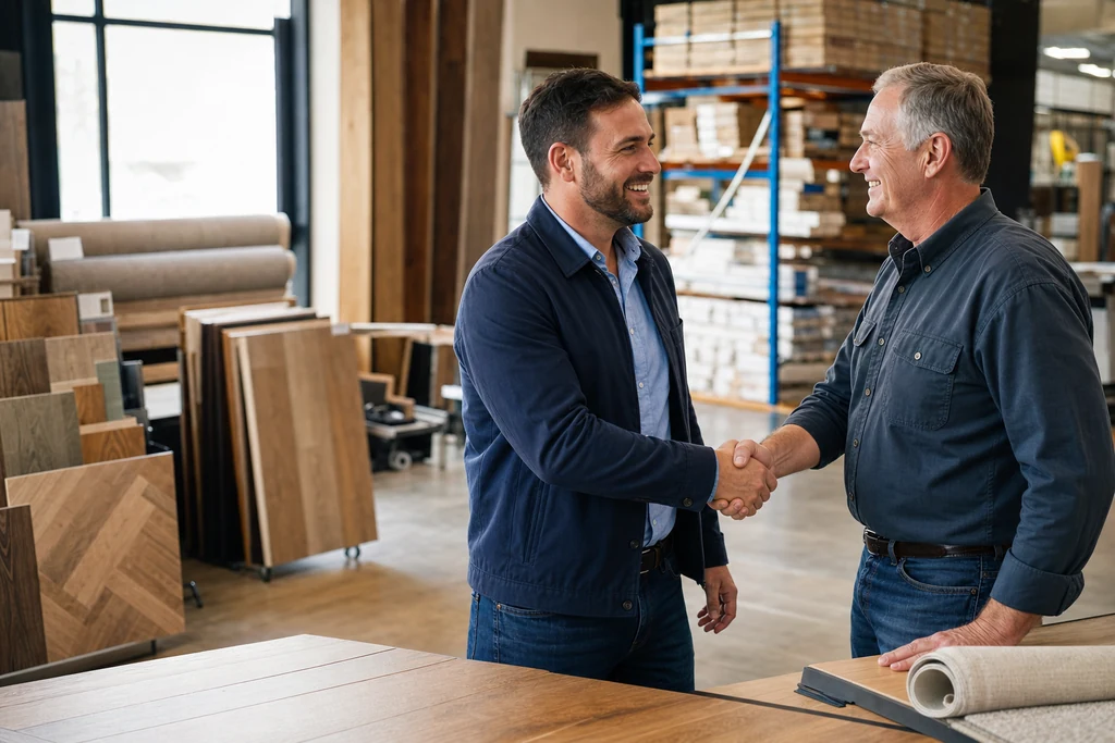 New owner shakes hands with the retiring owner of a flooring company