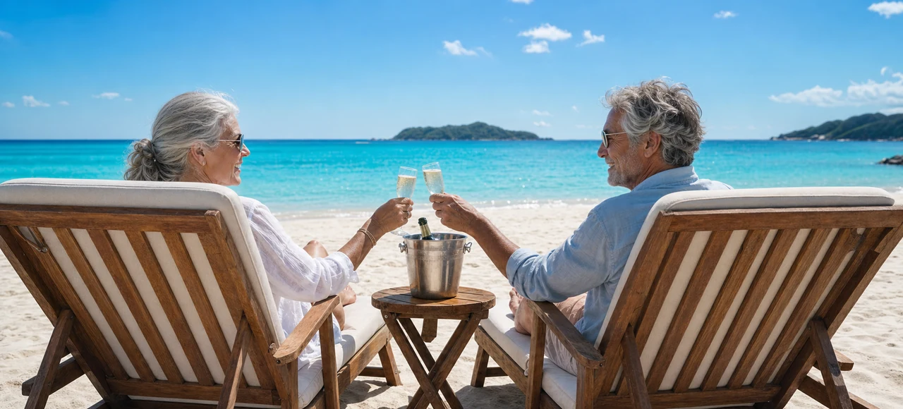 Two owners toasting on beach loungers after the sale