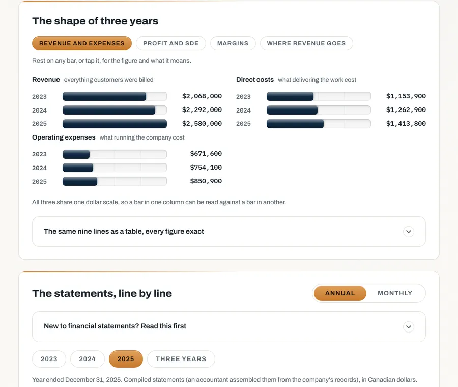 The financials section of the sample presentation: three years of revenue, direct costs and operating expenses as bars, with tabs for profit, margins and where revenue goes
